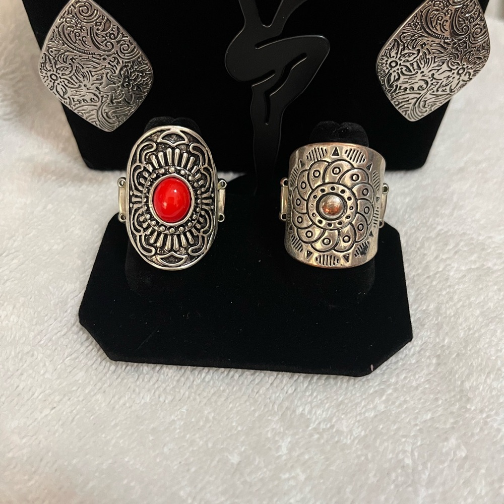 Silver and Red Fashion Statement Ring and Earrings Set